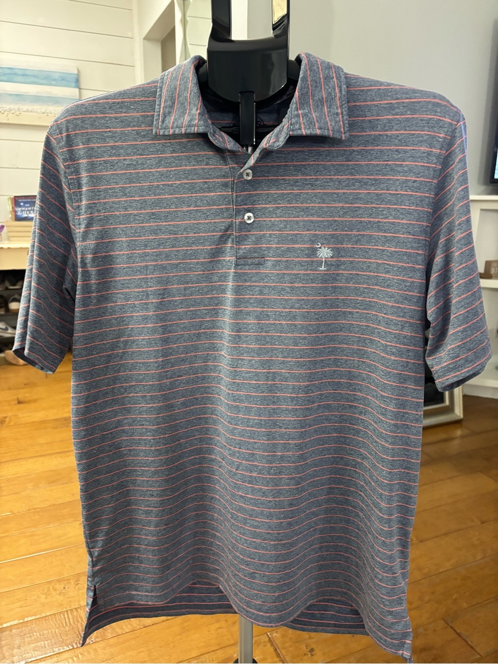 Men's Heather Gray Polo with Pink Stripe and Palm Motif